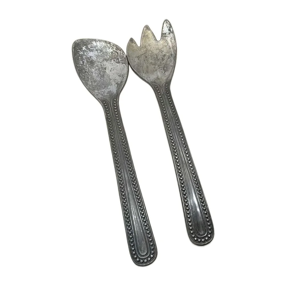 Wilton Armetale Pewter Beaded Salad Serving Spoon Fork Utensil Set 12.5
